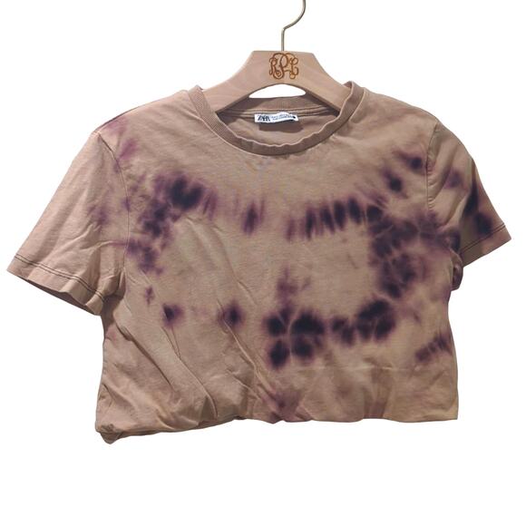ZARA Tie Dye Crop Top Bubble Hem Crew Neck T-Shirt Brown Tan Women's Size S - Picture 1 of 6